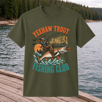 Yeehaw Trout Wranglers Fishing Club Cowboy Skeleton T-Shirt