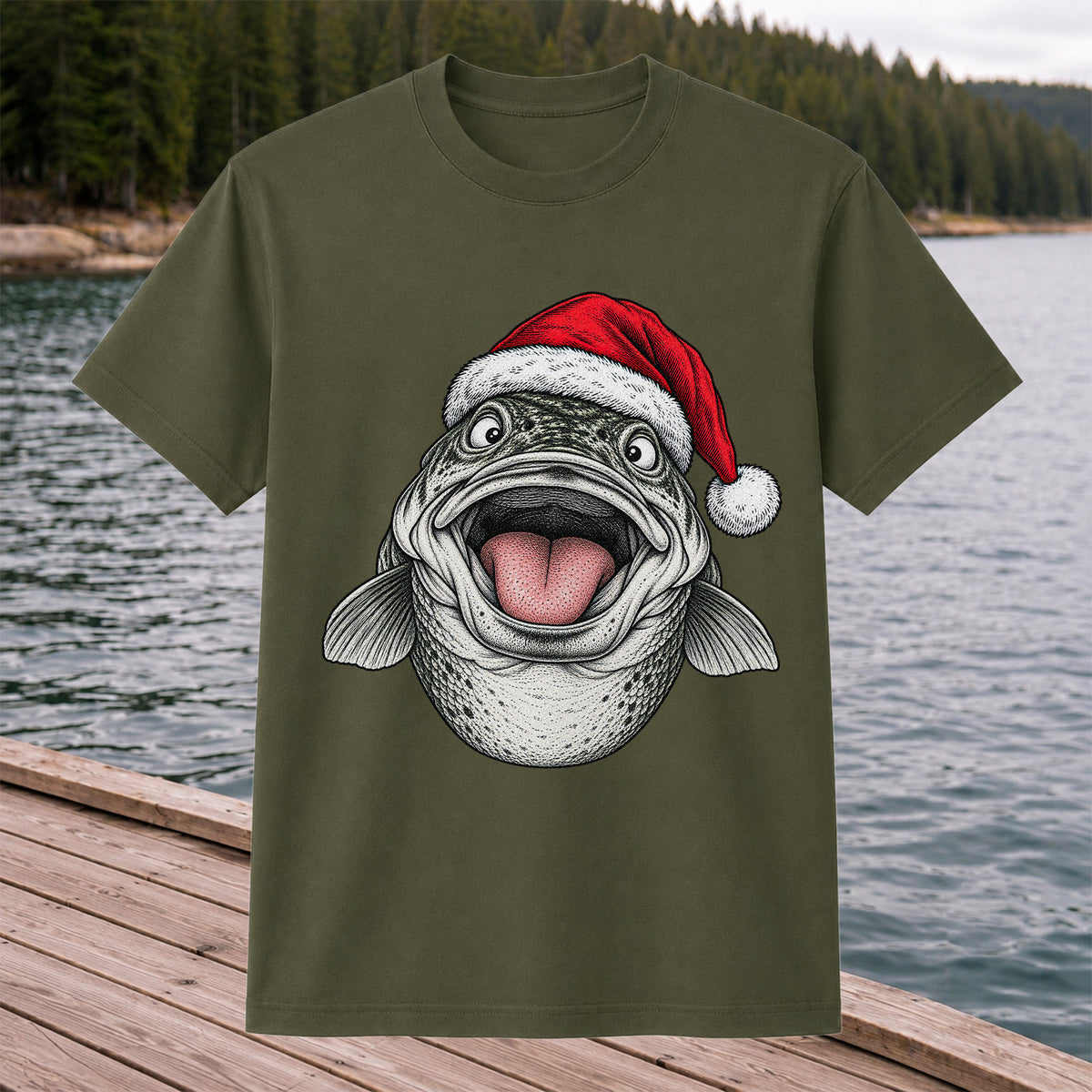 Funny Santa Hat Trout Christmas Fishing Graphic T-Shirt