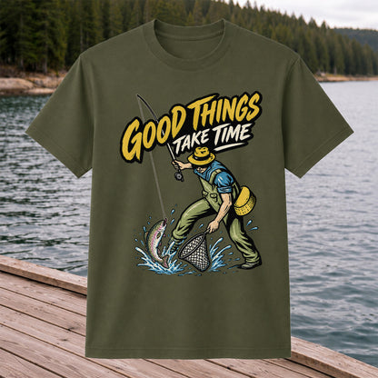 Good Things Take Time Rainbow Trout Fly Fishing Graphic T-Shirt