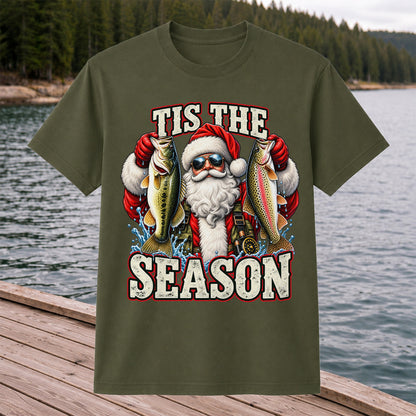 Tis the Season Santa Holding Bass and Rainbow Trout Christmas Fishing T-Shirt
