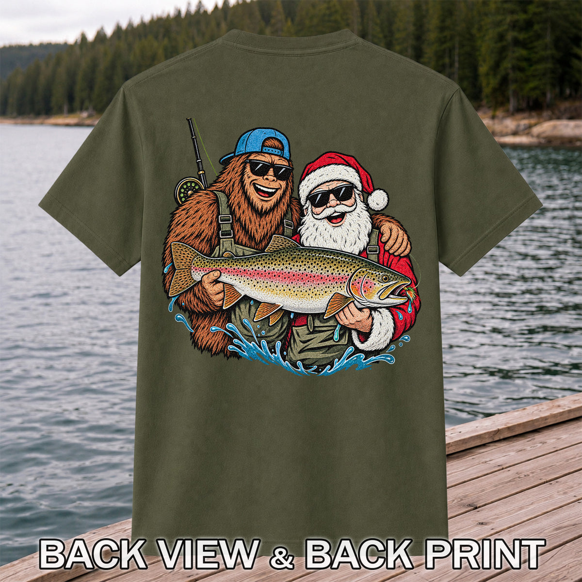 Bigfoot and Santa Holding Rainbow Trout Christmas Fishing Graphic T-Shirt | Back Print
