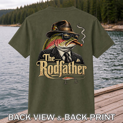 The Rodfather Rainbow Trout Gangster Funny Fishing T-Shirt | Back Print