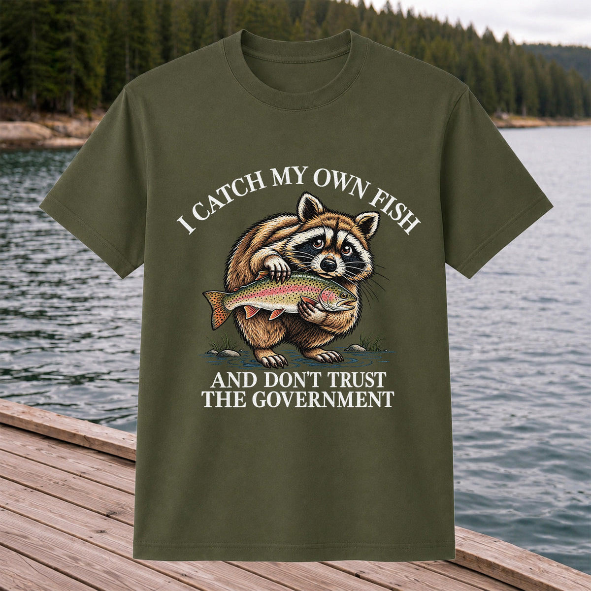 Raccoon Holding Rainbow Trout Fishing Graphic T-Shirt