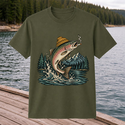 Rainbow Trout in Beanie Smoking and Jumping from Lake Graphic T-Shirt