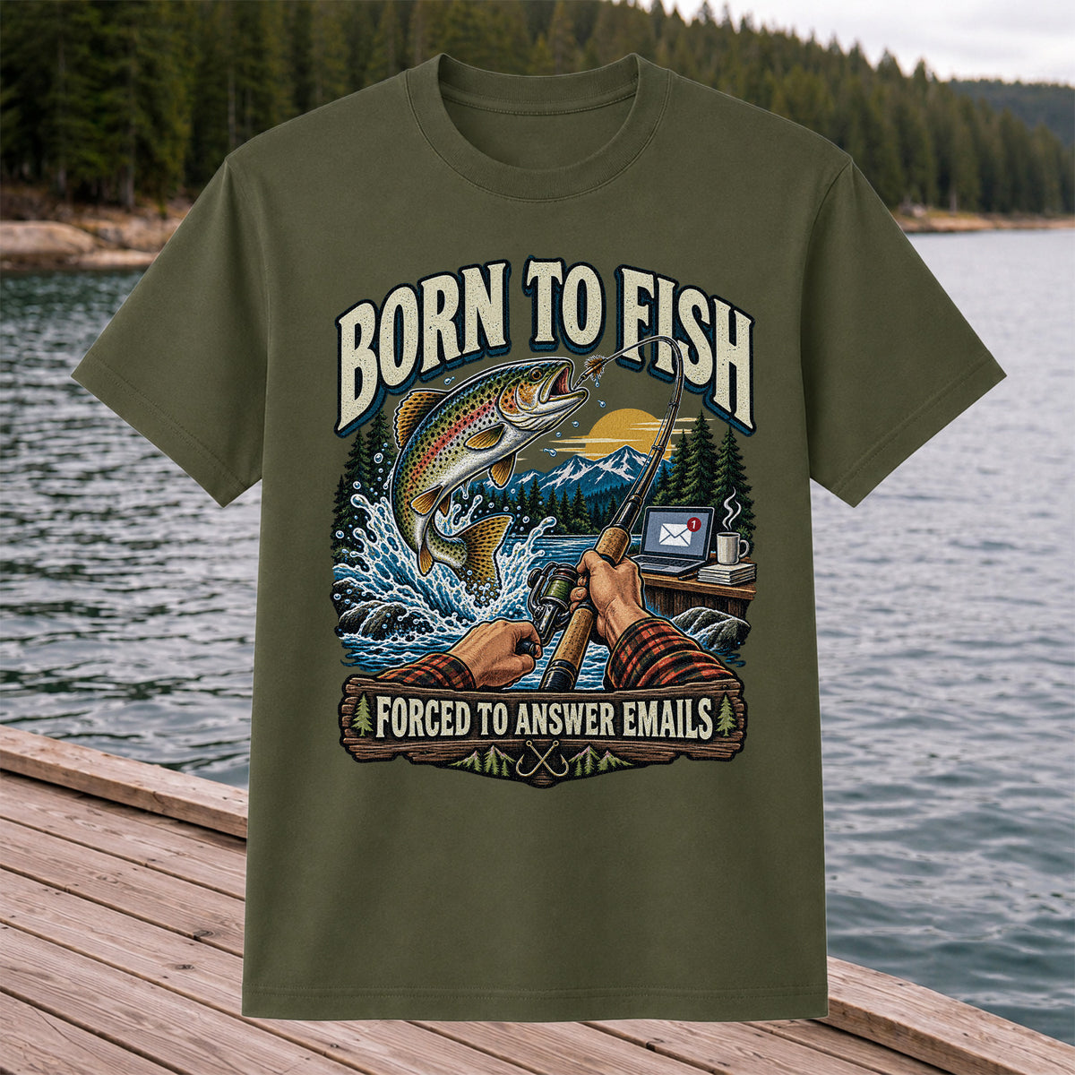 Born to Fish Forced to Answer Emails Rainbow Trout Fishing T-Shirt