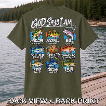 God Says I Am Christian Fish and Bible Verse Fishing Graphic T-Shirt | Back Print