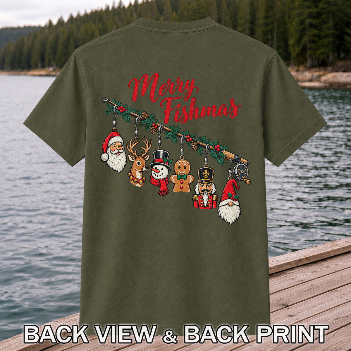 Christmas Fishing Rod Ornaments Holiday Graphic T-Shirt | Back Print