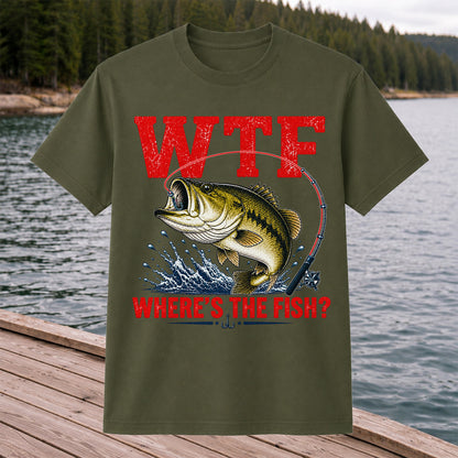 WTF Where's the Fish Largemouth Bass Funny Fishing T-Shirt