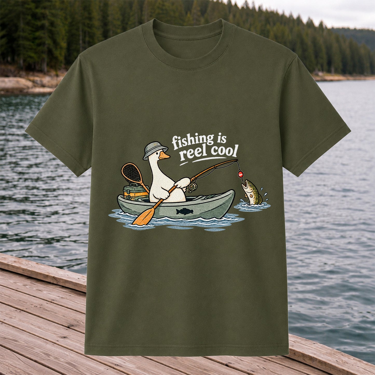 Fishing Is Reel Cool Duck in Canoe Funny Fishing T-Shirt
