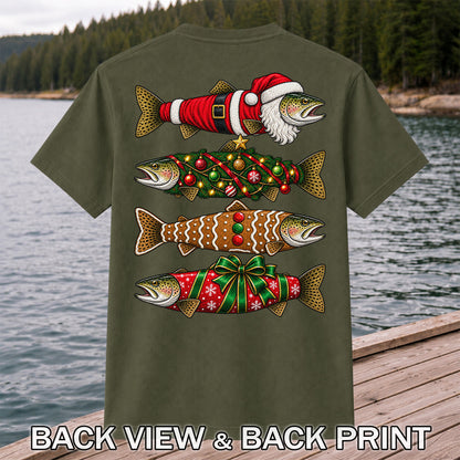 Festive Christmas Trout Santa and Gingerbread Fishing T-Shirt | Back Print