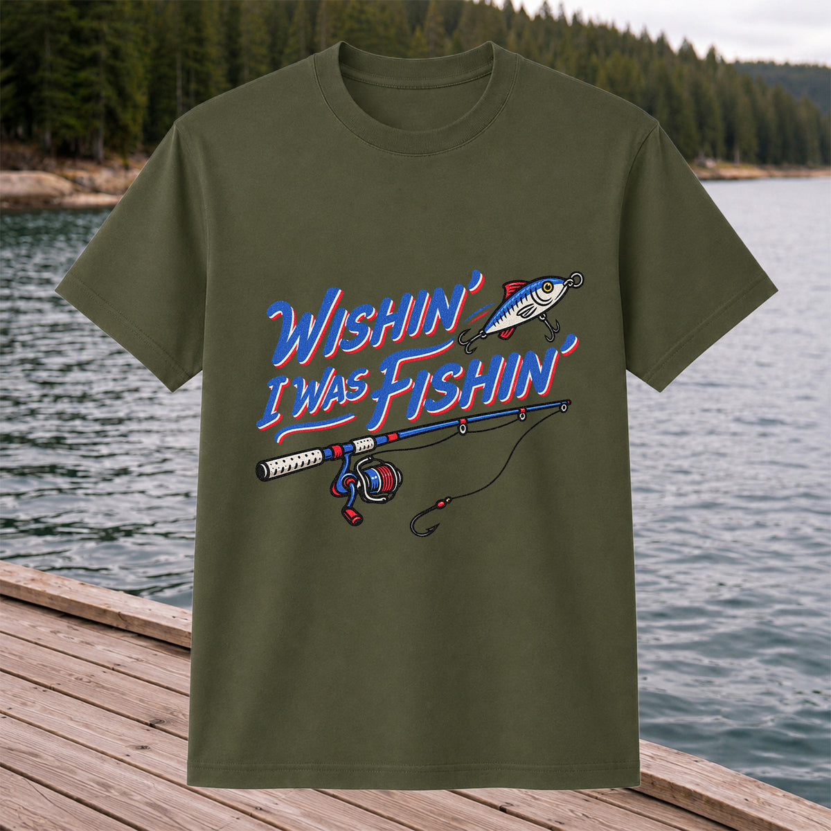 Wishin' I Was Fishin' Fishing Rod and Lure Graphic T-Shirt