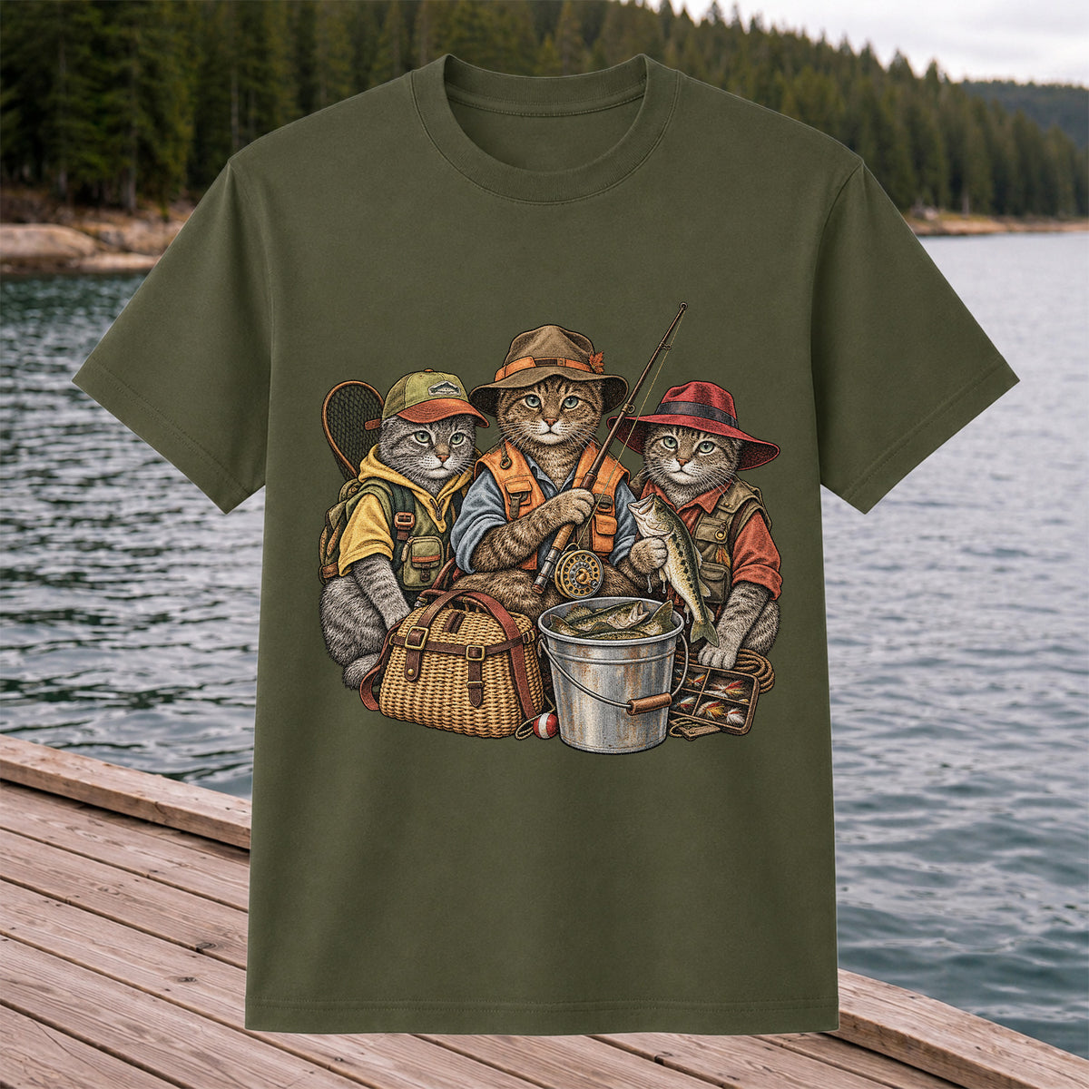 Three Fishing Cats with Rod and Catch Vintage Graphic T-Shirt