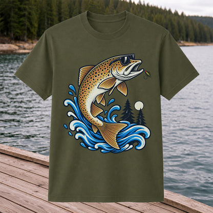 Brown Trout Sunglasses Fishing Graphic T-Shirt with Lure