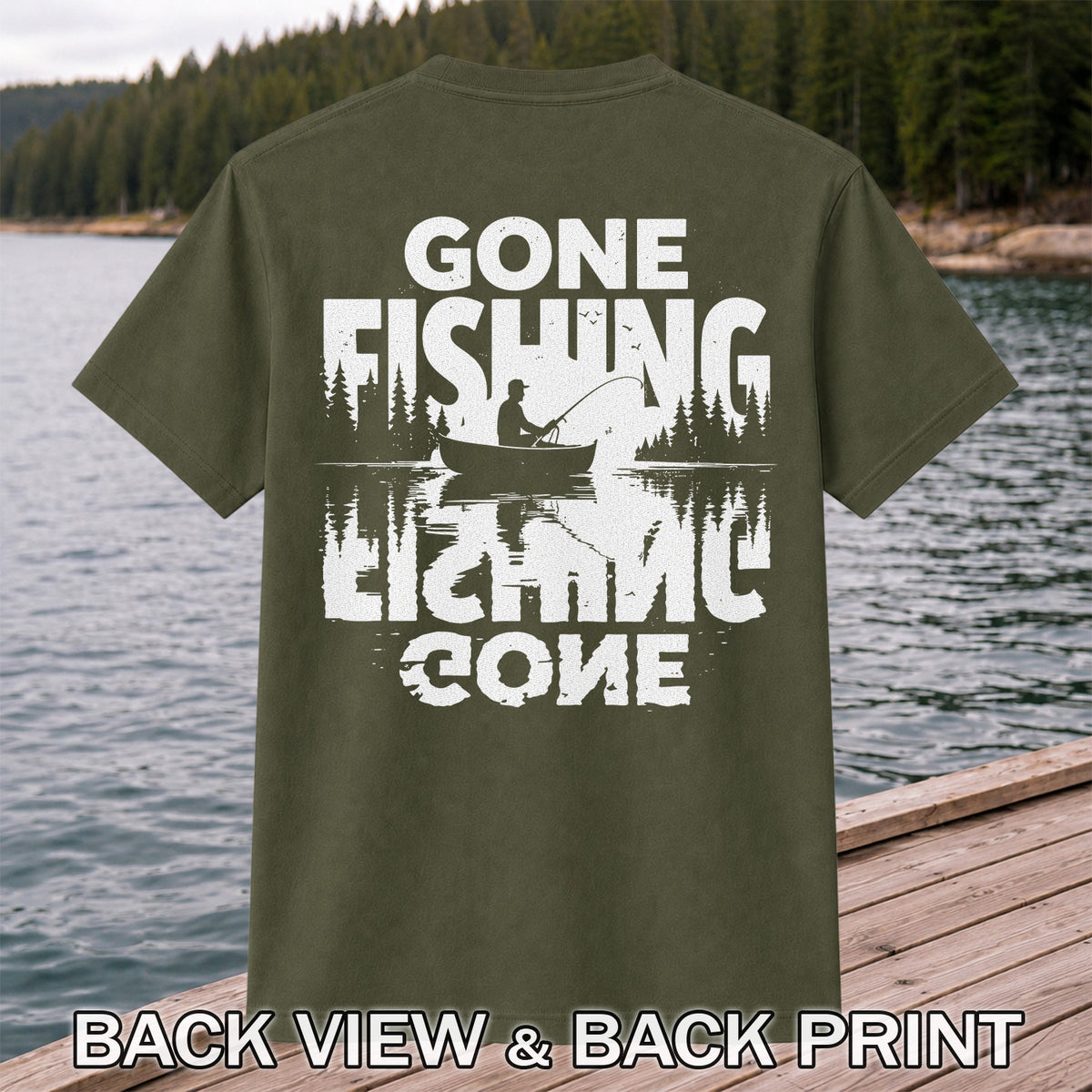 Gone Fishing Lake Adventure Angler Graphic T-Shirt | Back Print
