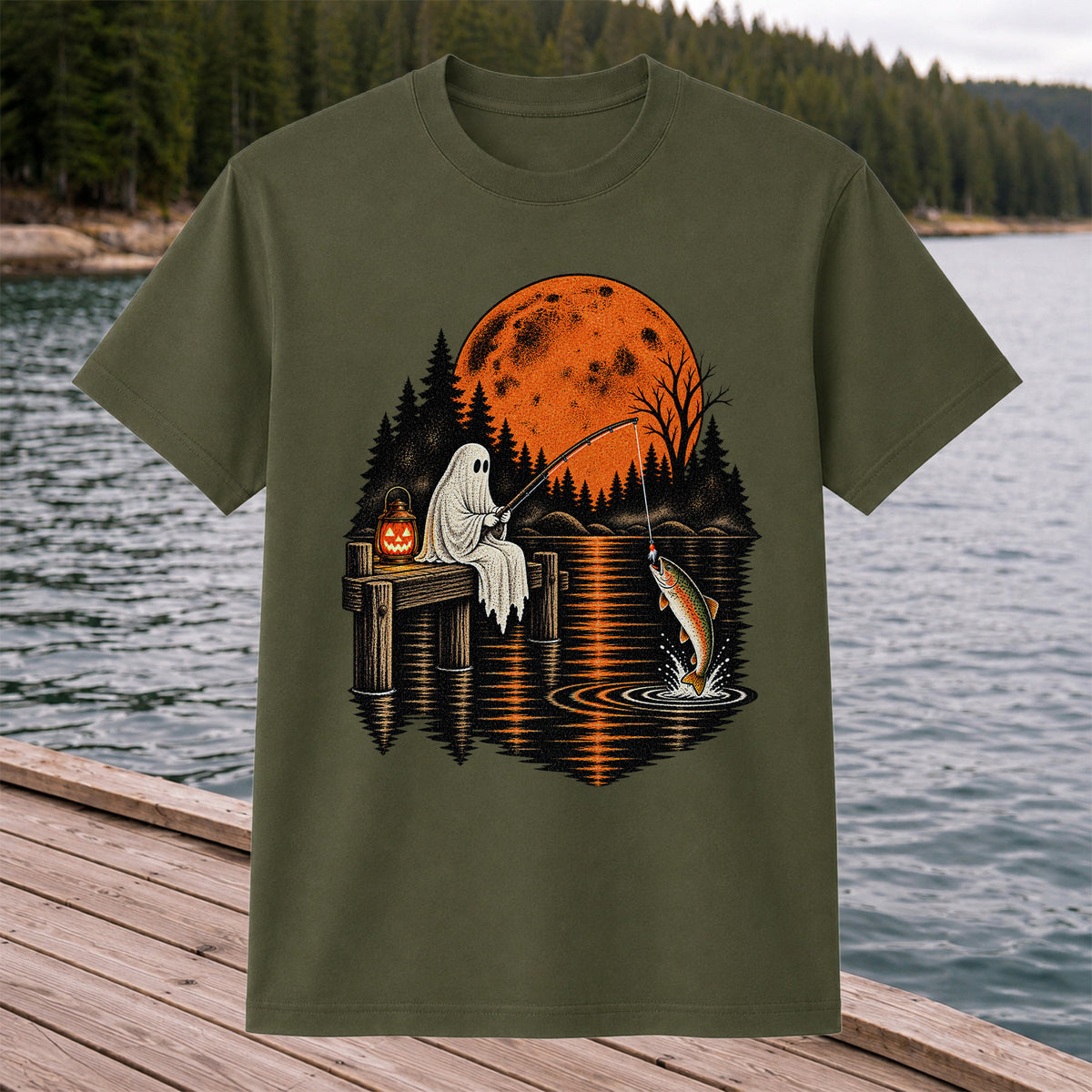 Ghost Fishing for Rainbow Trout Under an Orange Moon Halloween T-Shirt