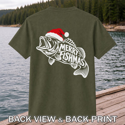 Santa Hat Fish Christmas Fishing Graphic T-Shirt | Back Print