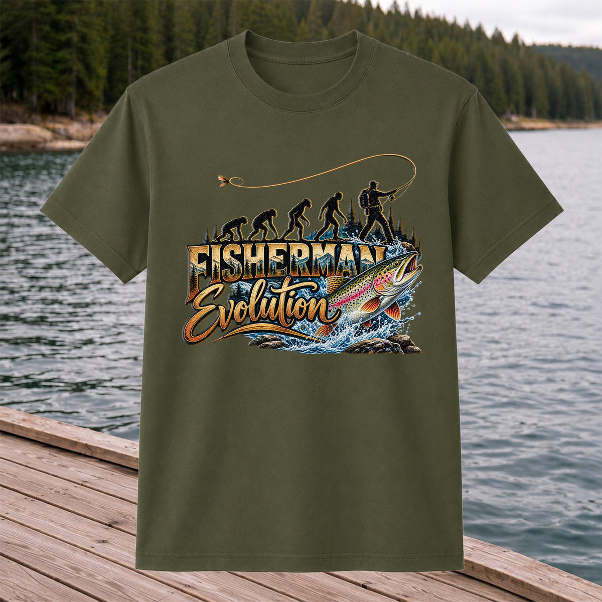 Fisherman Evolution Rainbow Trout Fly Fishing Graphic T-Shirt