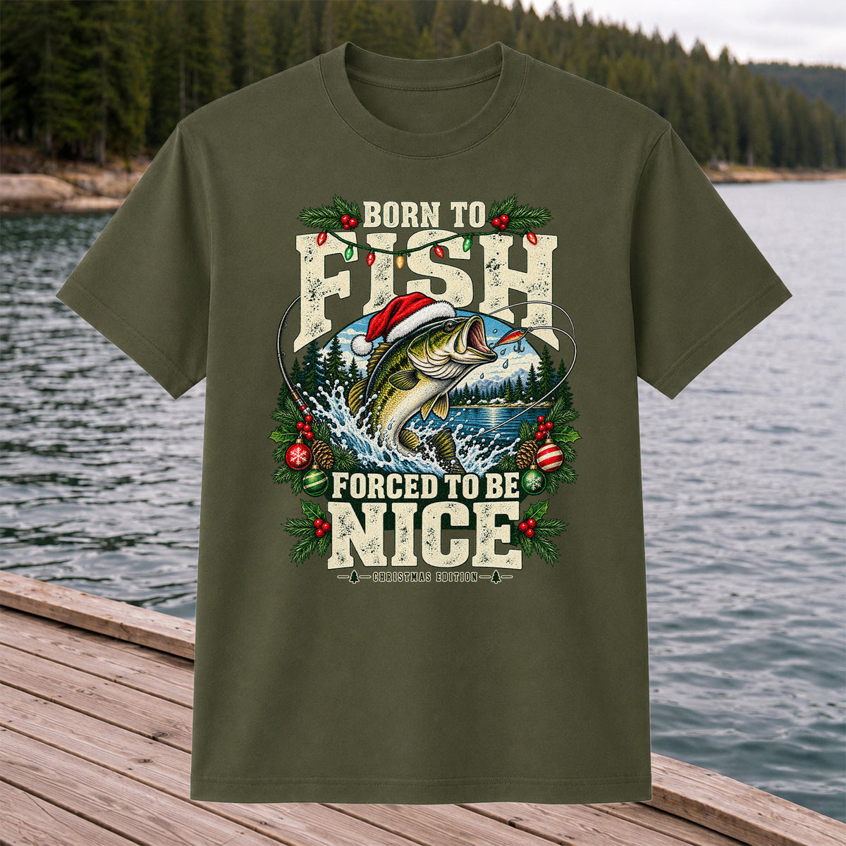 Born to Fish Forced to Be Nice Christmas Bass T-Shirt