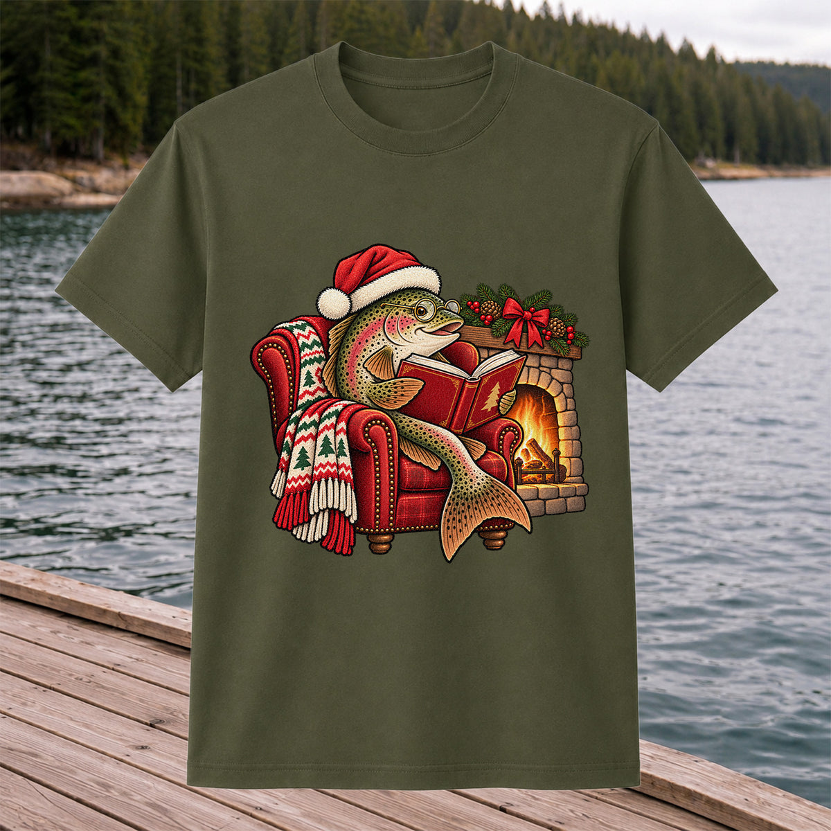 Christmas Trout Reading by the Fireplace Fishing T-Shirt