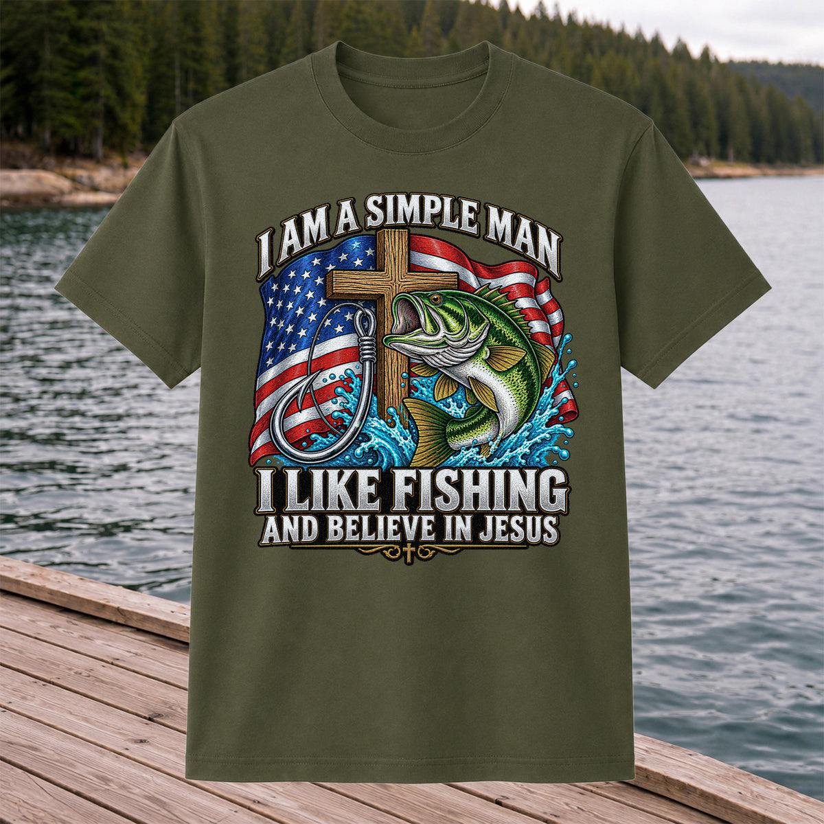 American Flag Bass Fishing Faith Patriotic Graphic T-Shirt