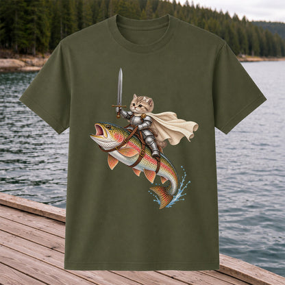 Cat Knight Riding a Rainbow Trout Fishing Graphic T-Shirt