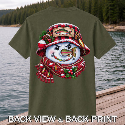 Christmas Snowman Trout Fishing Graphic T-Shirt | Back Print