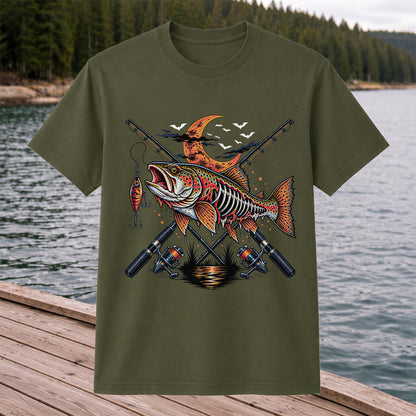 Skeleton Trout with Crossed Fishing Rods Halloween Graphic T-Shirt