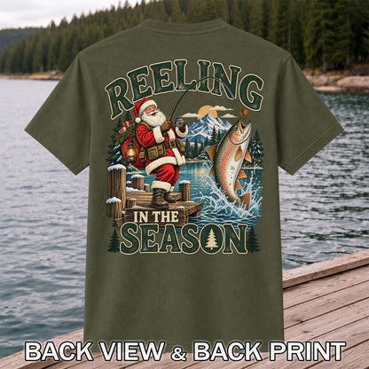 Reeling in the Season Santa Fishing for Rainbow Trout Christmas T-Shirt | Back Print
