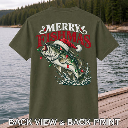 Christmas Bass Fishing Graphic T-Shirt with Santa Hat | Back Print