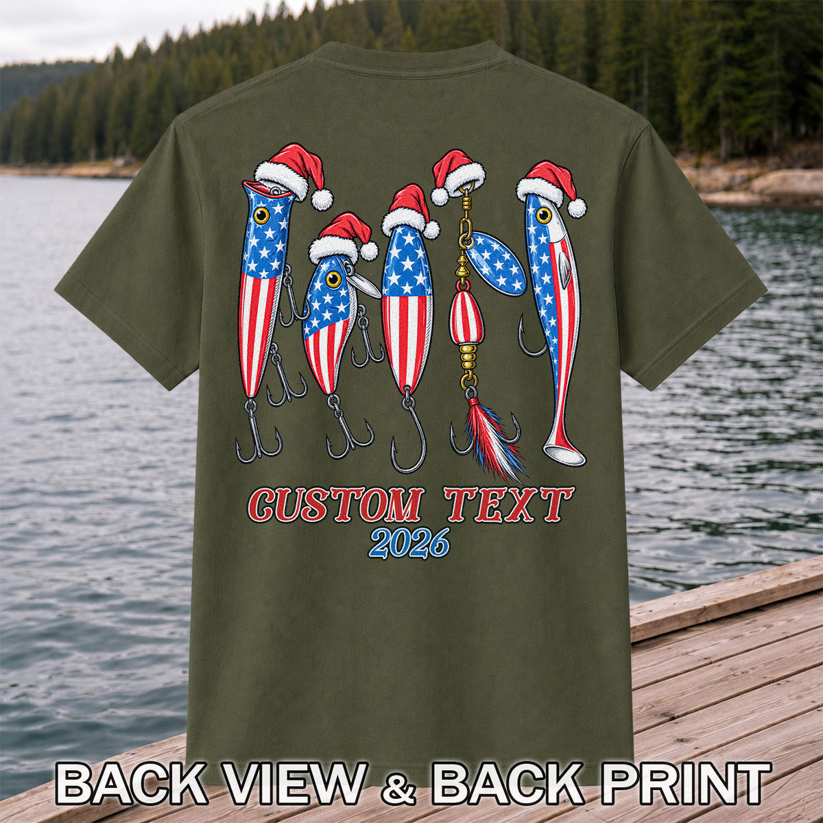 Personalized Patriotic Christmas Fishing Lures T-Shirt | Back Print