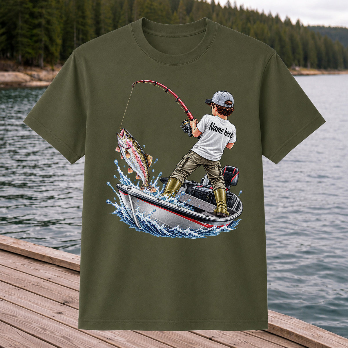 Personalized Boy Fishing Boat and Rainbow Trout Graphic T-Shirt