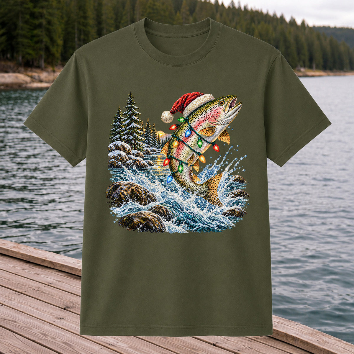 Santa Hat Rainbow Trout Christmas Fishing Graphic T-Shirt