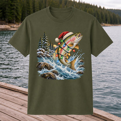 Santa Hat Rainbow Trout Christmas Fishing Graphic T-Shirt