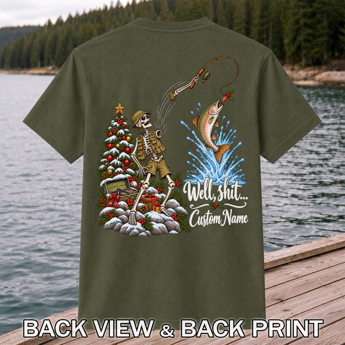 Skeleton Angler Christmas Fishing Personalized Graphic T-Shirt | Back Print