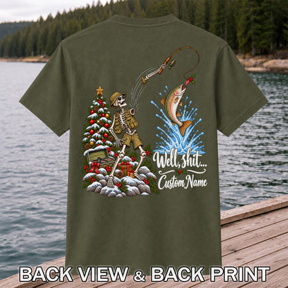 Skeleton Angler Christmas Fishing Personalized Graphic T-Shirt | Back Print