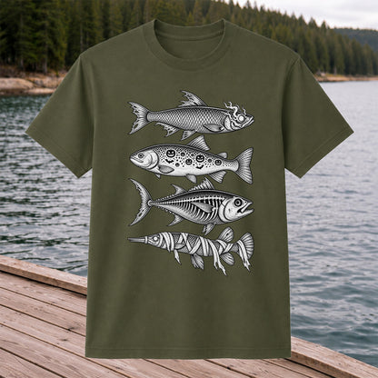 Halloween Zombie Pumpkin Skeleton and Mummy Fish Graphic T-Shirt