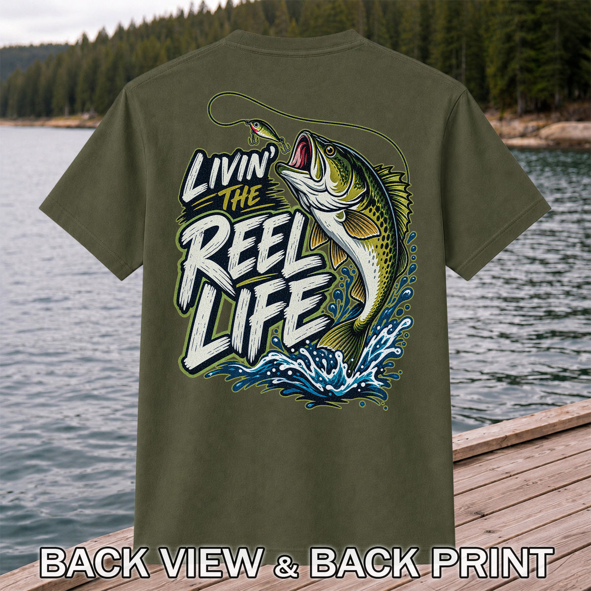 Livin' the Reel Life Jumping Bass Fishing Graphic T-Shirt | Back Print