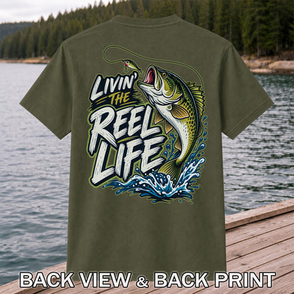Livin' the Reel Life Jumping Bass Fishing Graphic T-Shirt | Back Print