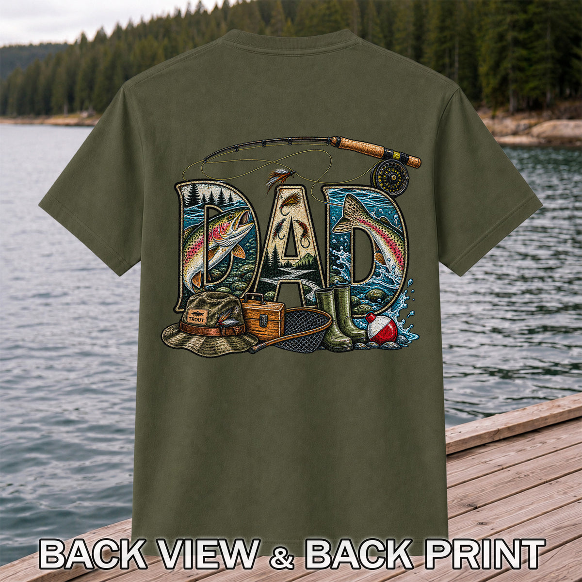 Dad Rainbow Trout Fly Fishing Vintage Graphic T-Shirt | Back Print