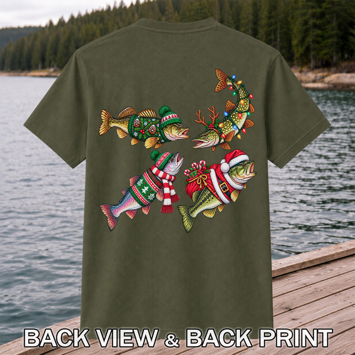 Festive Christmas Fish Wearing Holiday Sweaters Fishing T-Shirt | Back Print