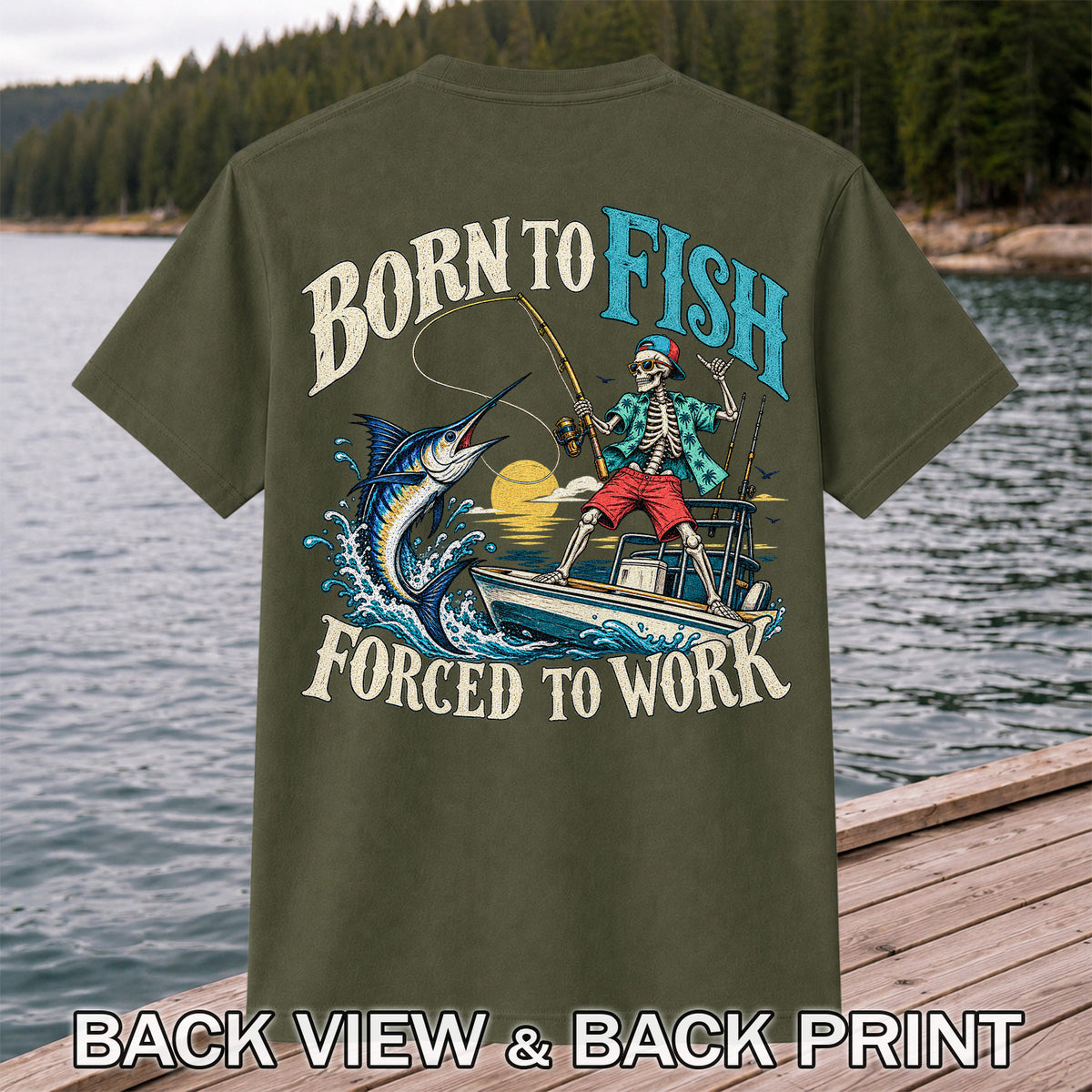 Skeleton Marlin Fishing Boat Graphic T-Shirt | Back Print