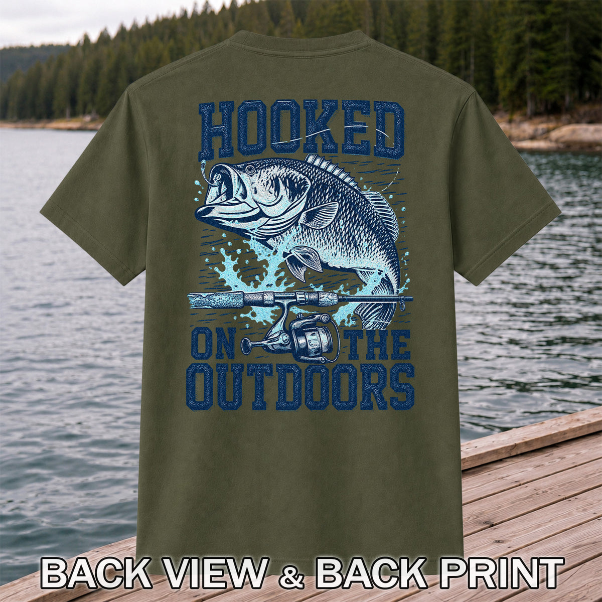 Hooked on the Outdoors Bass Fishing Graphic T-Shirt | Back Print