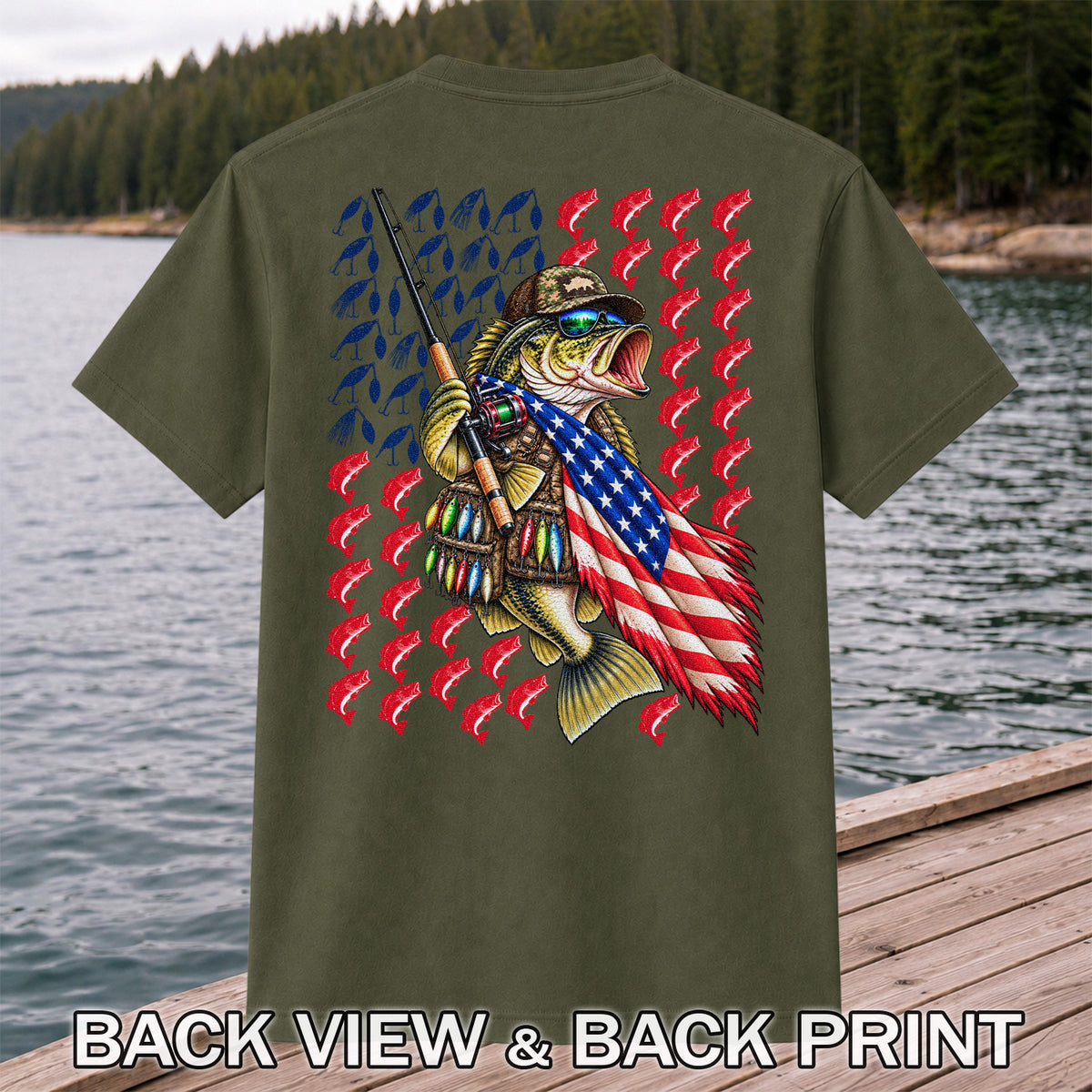 Patriotic Bass Fishing Graphic T-Shirt with American Flag Design | Back Print