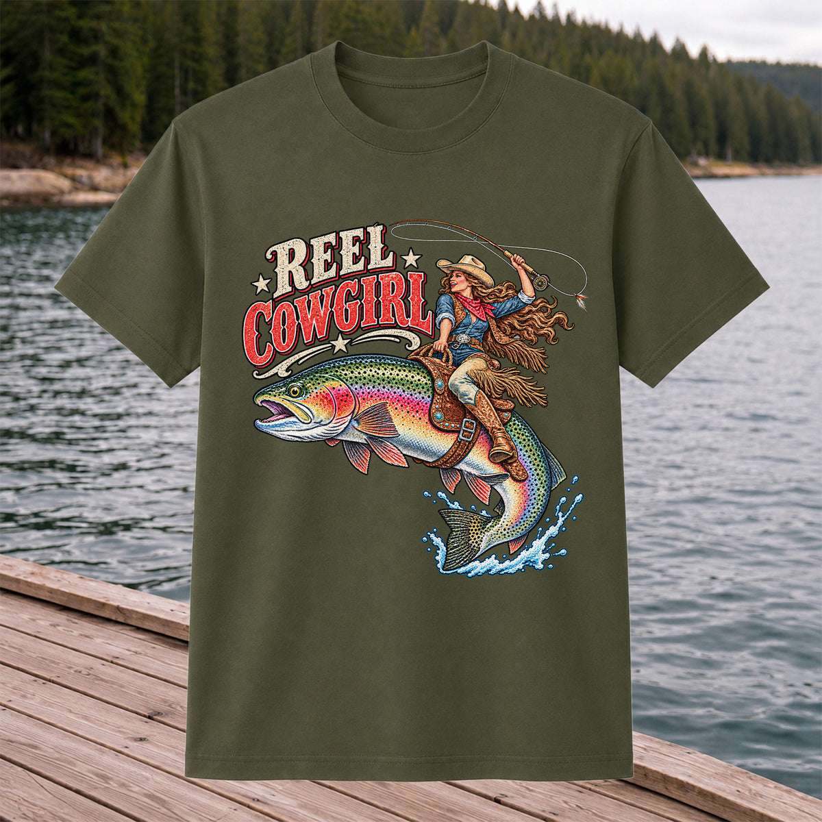 Reel Cowgirl Riding a Rainbow Trout Fly Fishing T-Shirt