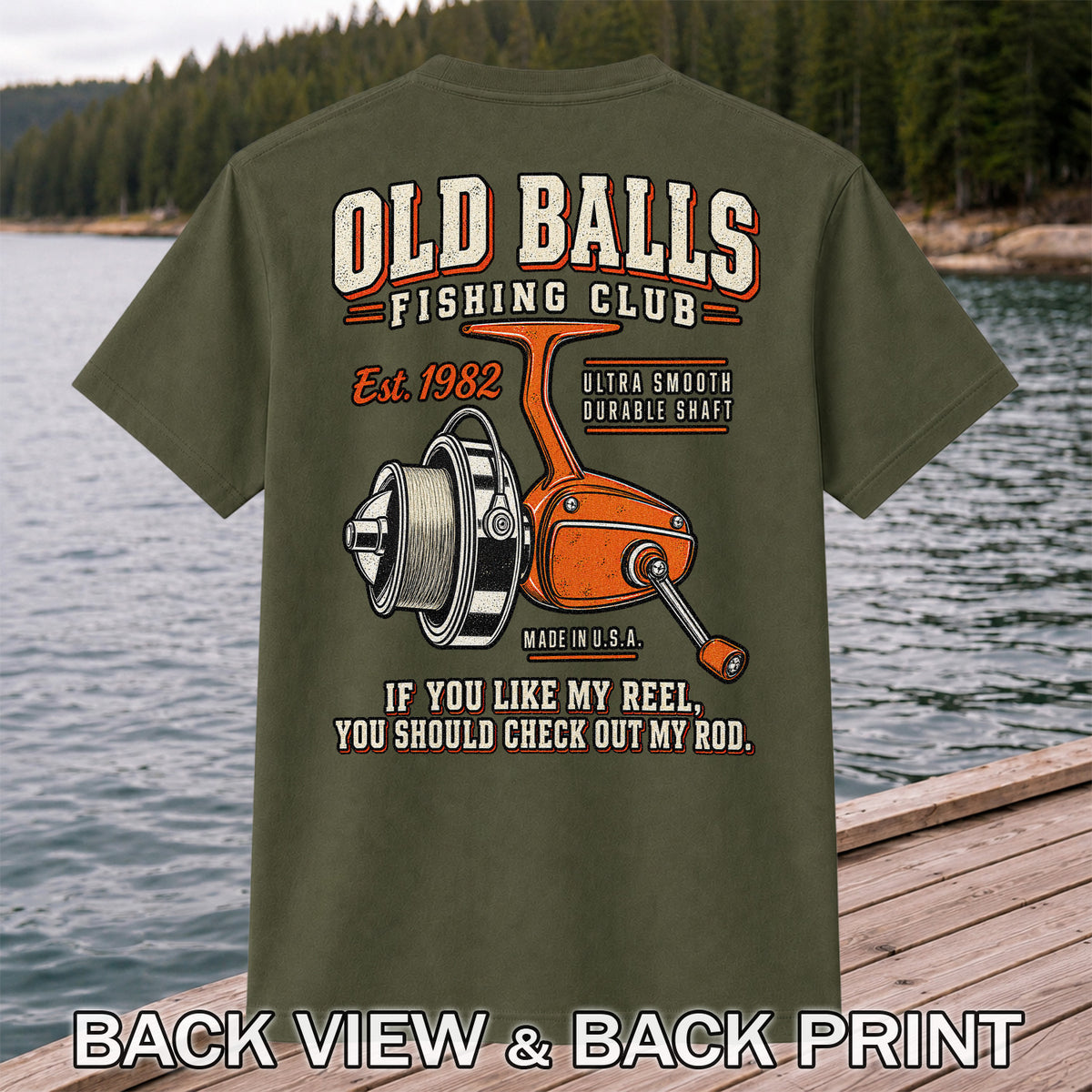 Old Balls Fishing Club Vintage Spinning Reel Graphic T-Shirt | Back Print