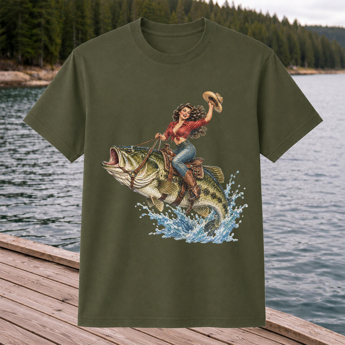 Vintage Cowgirl Riding a Largemouth Bass Fishing Graphic T-Shirt