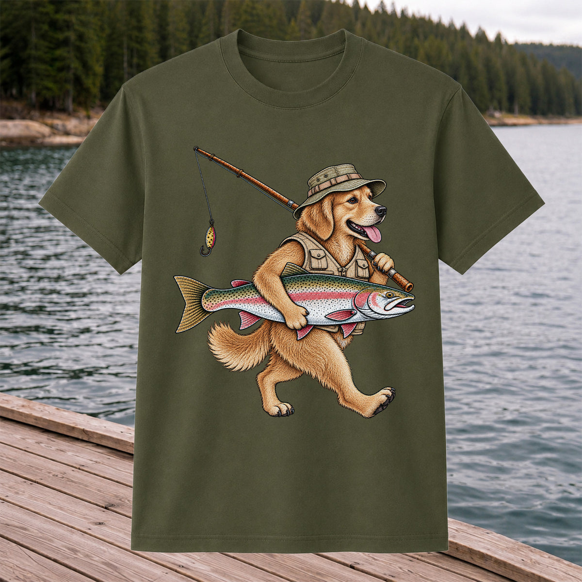 Golden Retriever Holding Rainbow Trout Fishing Graphic T-Shirt