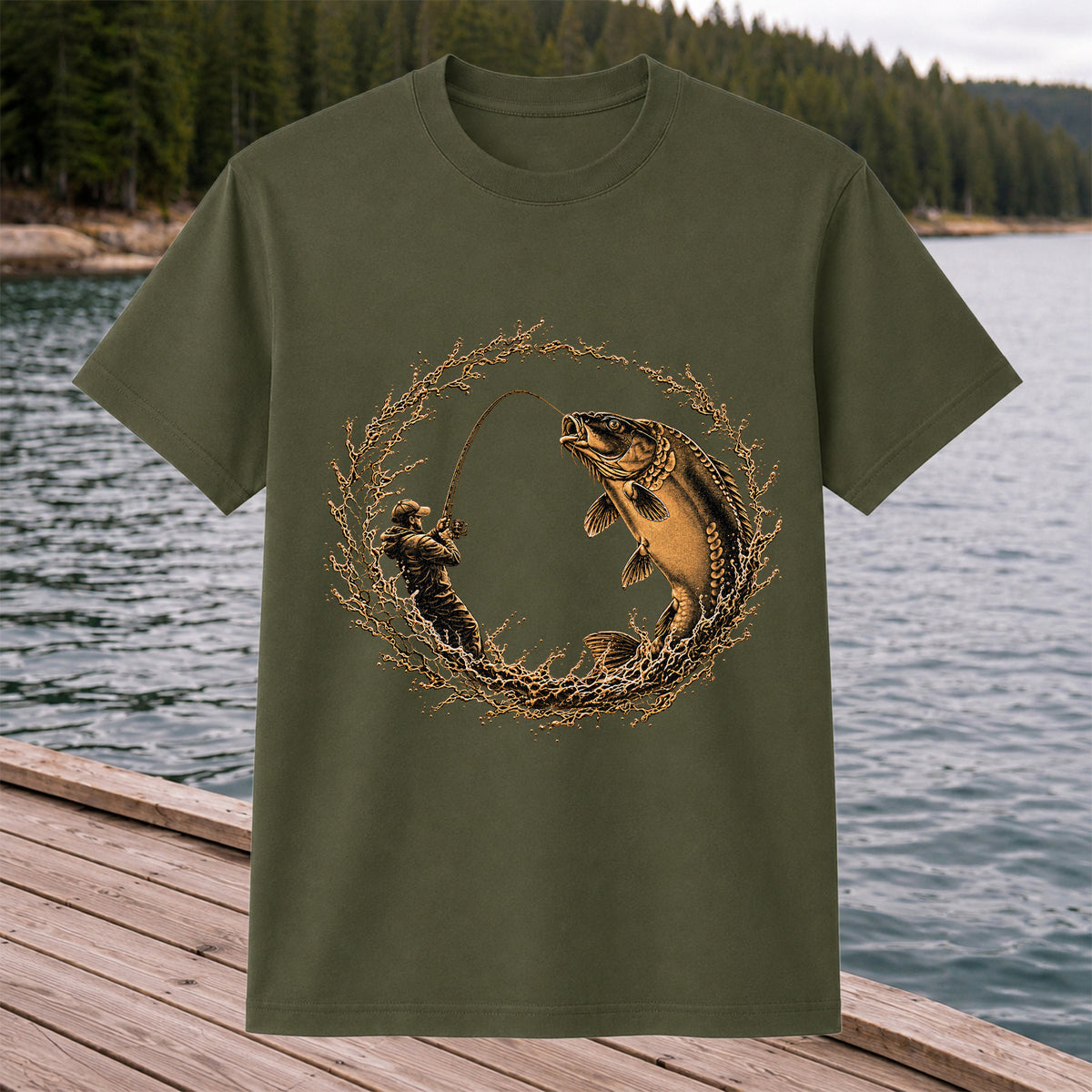 Carp Angler in Circular Water Splash Fishing Graphic T-Shirt