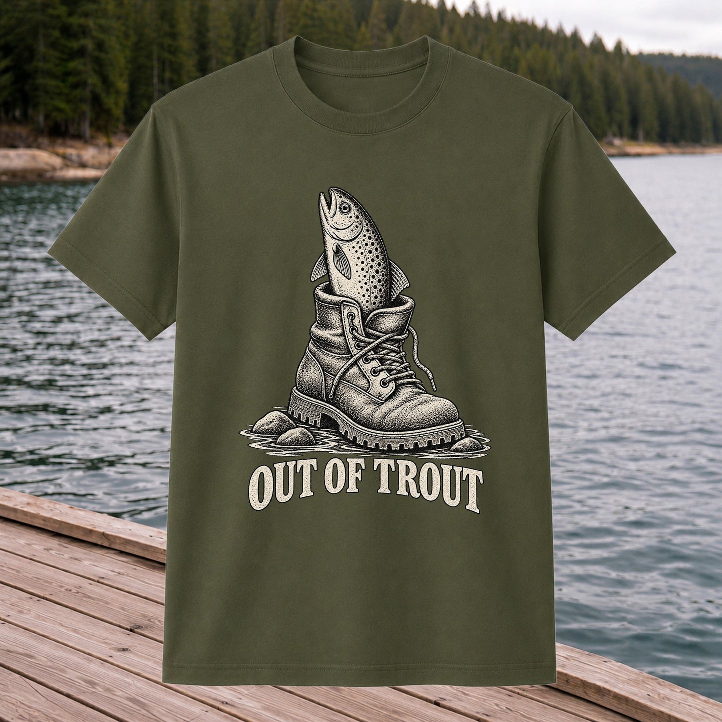 Out of Trout Funny Trout in a Hiking Boot Fishing T-Shirt