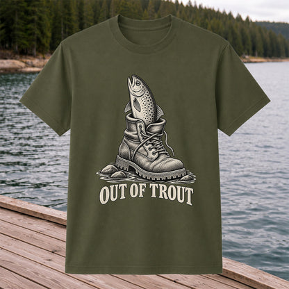 Out of Trout Funny Trout in a Hiking Boot Fishing T-Shirt